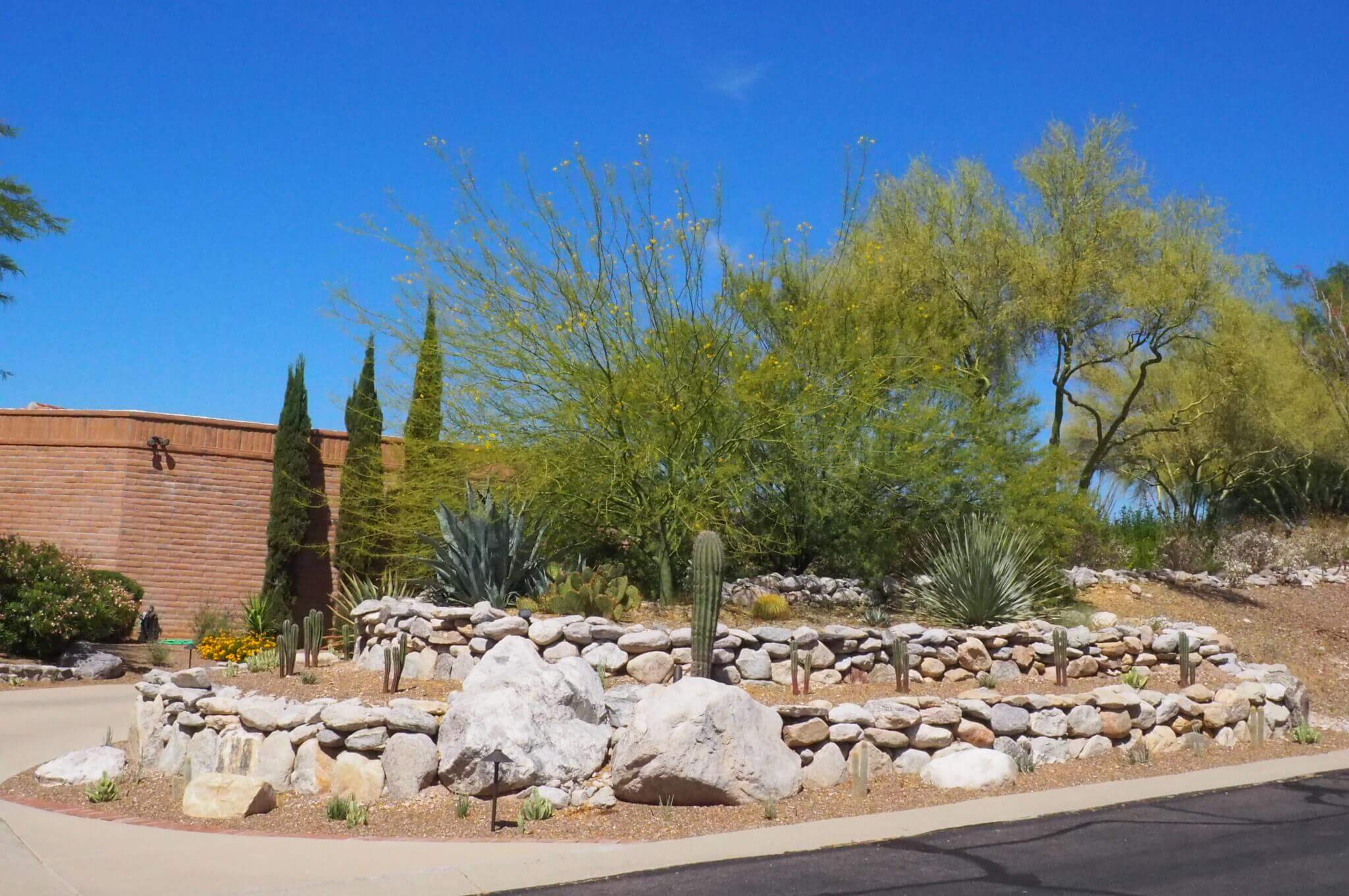 A rock wall constructed for erosion control in Southern Arizona