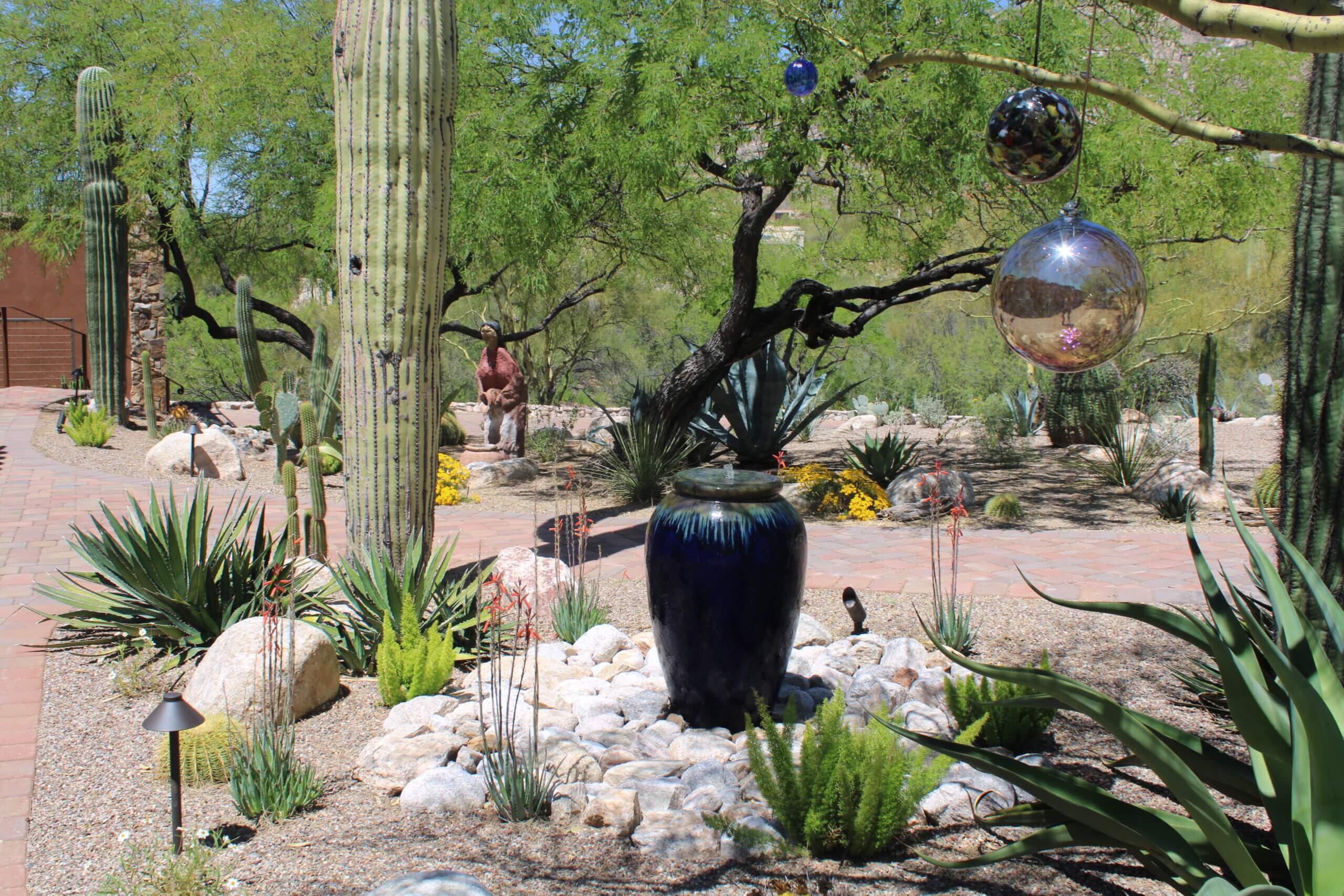 Water features and decorations with native plants in a Southern Arizona garden