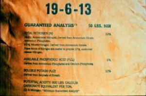 A bag of fertilizer showing the amount of nitrogen, phosphorus and potassium content